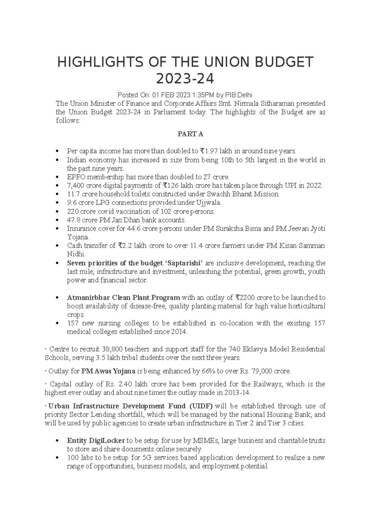 Highlights OF THE Union Budget 2023 - HIGHLIGHTS OF THE UNION BUDGET ...