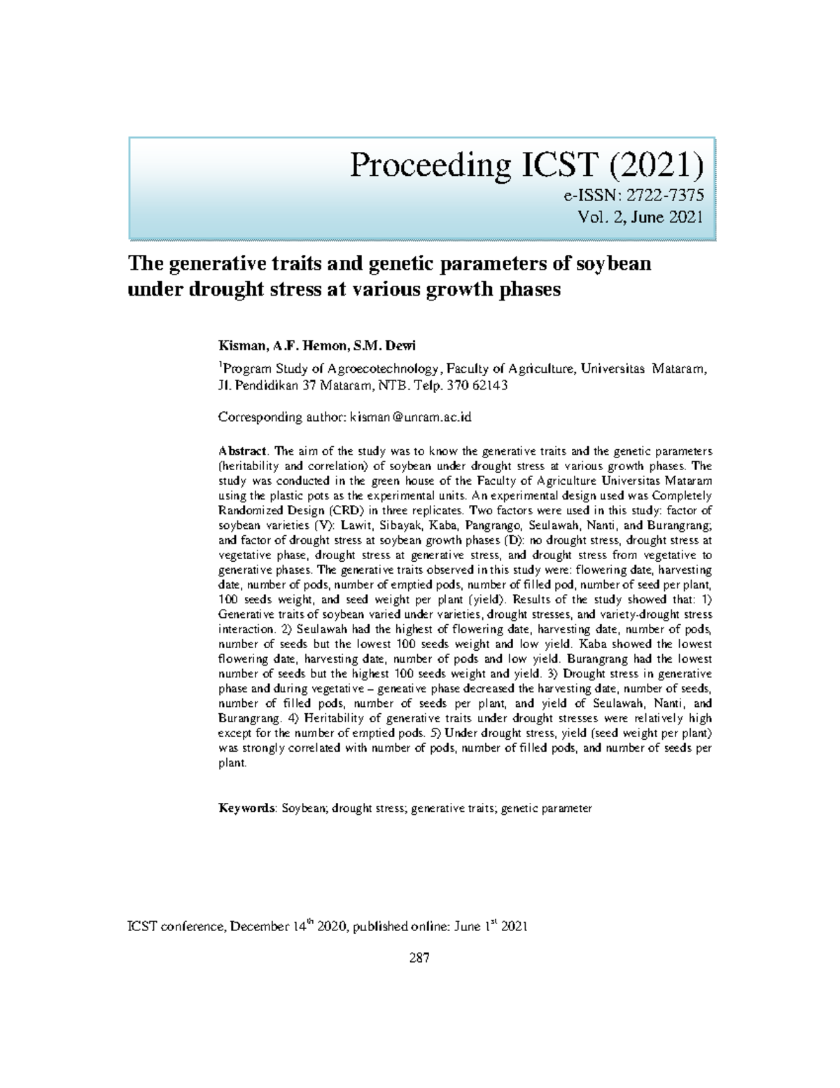The generative traits and genetic parameters of soybean under drought ...