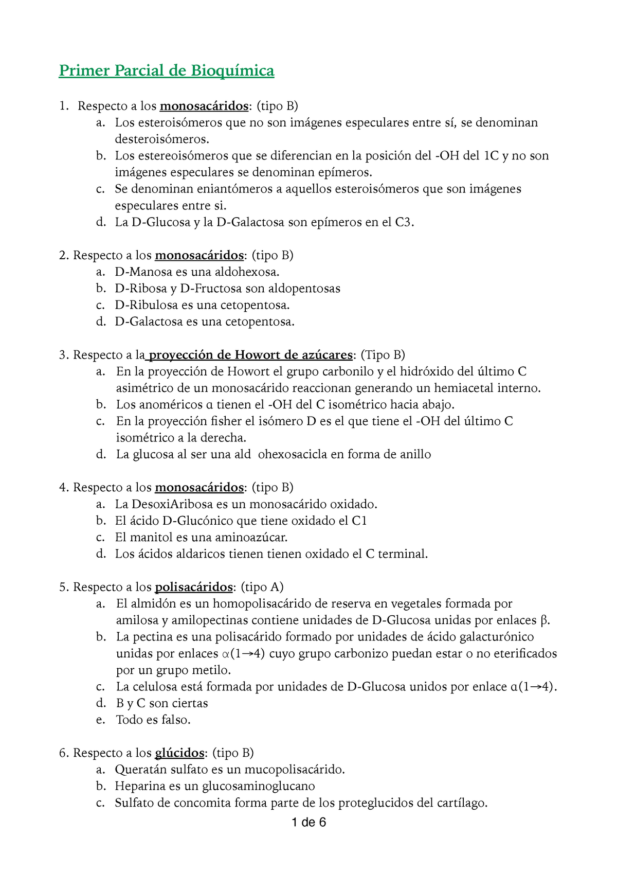 Primer Parcial Bioquímica UCAM - Primer Parcial De 1. Respecto A Los ...