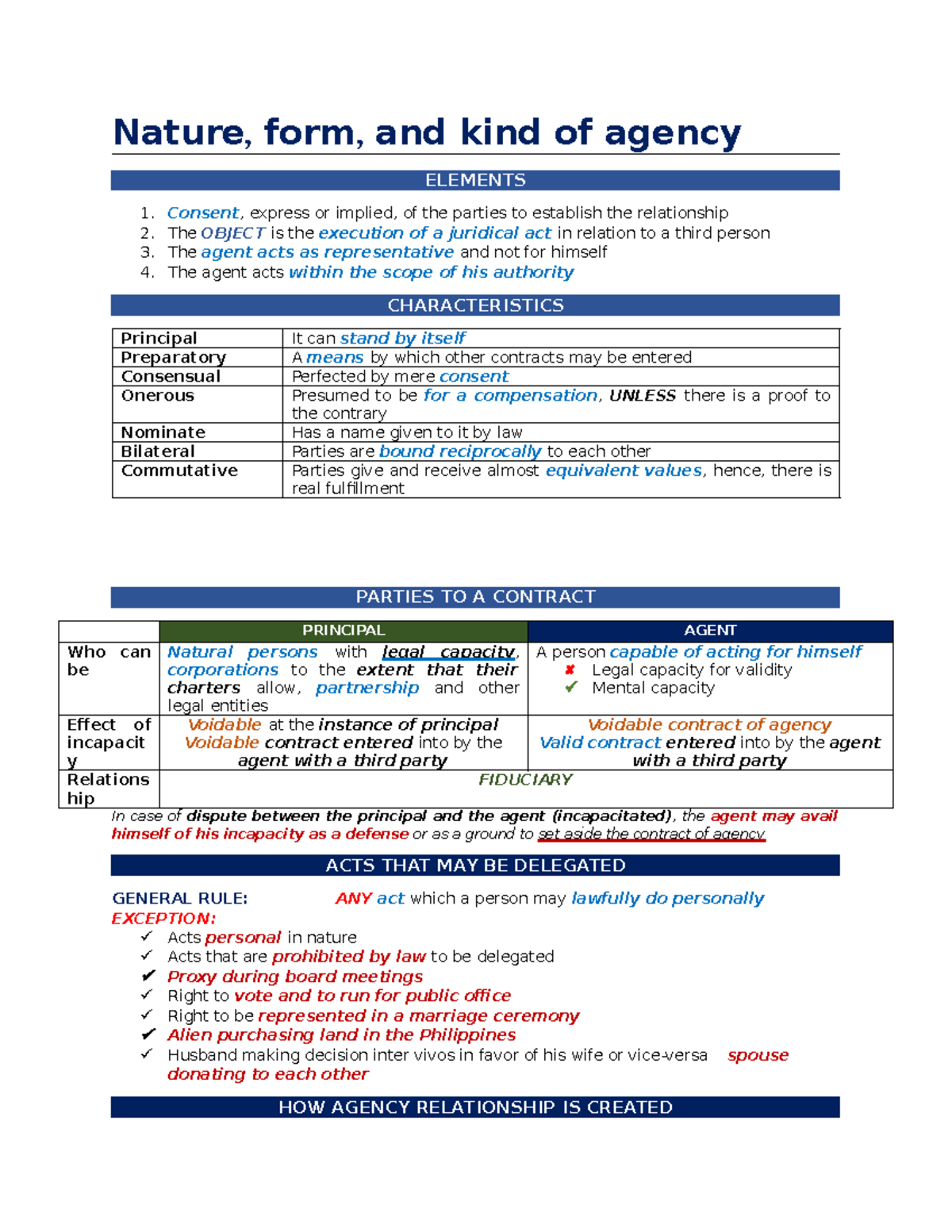 Agency 1 - Nature, form, and kind of agency ELEMENTS 1. Consent ...