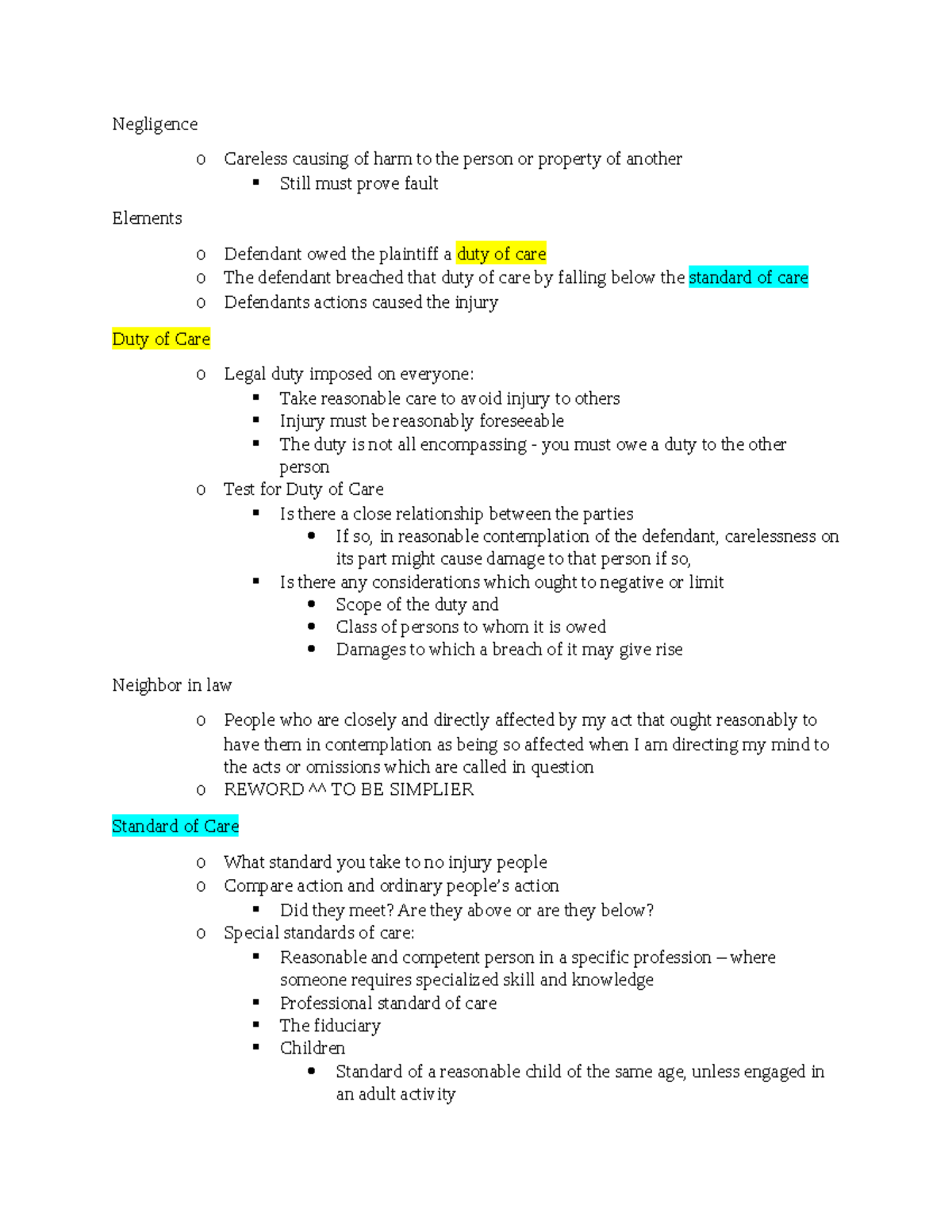 Midterm notes-3 - Negligence o Careless causing of harm to the person ...