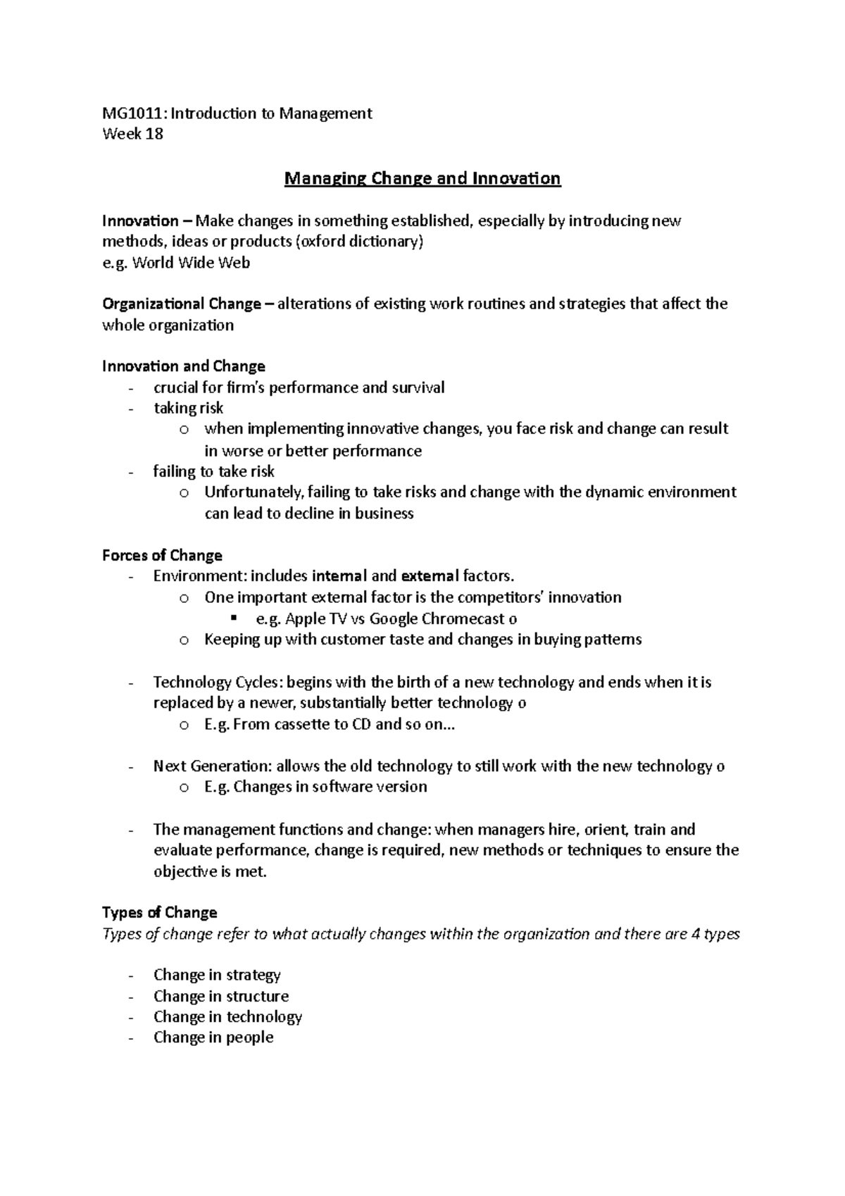 Managing Change And Innovation Mg1011 Introduction To Management Week 18 Studocu