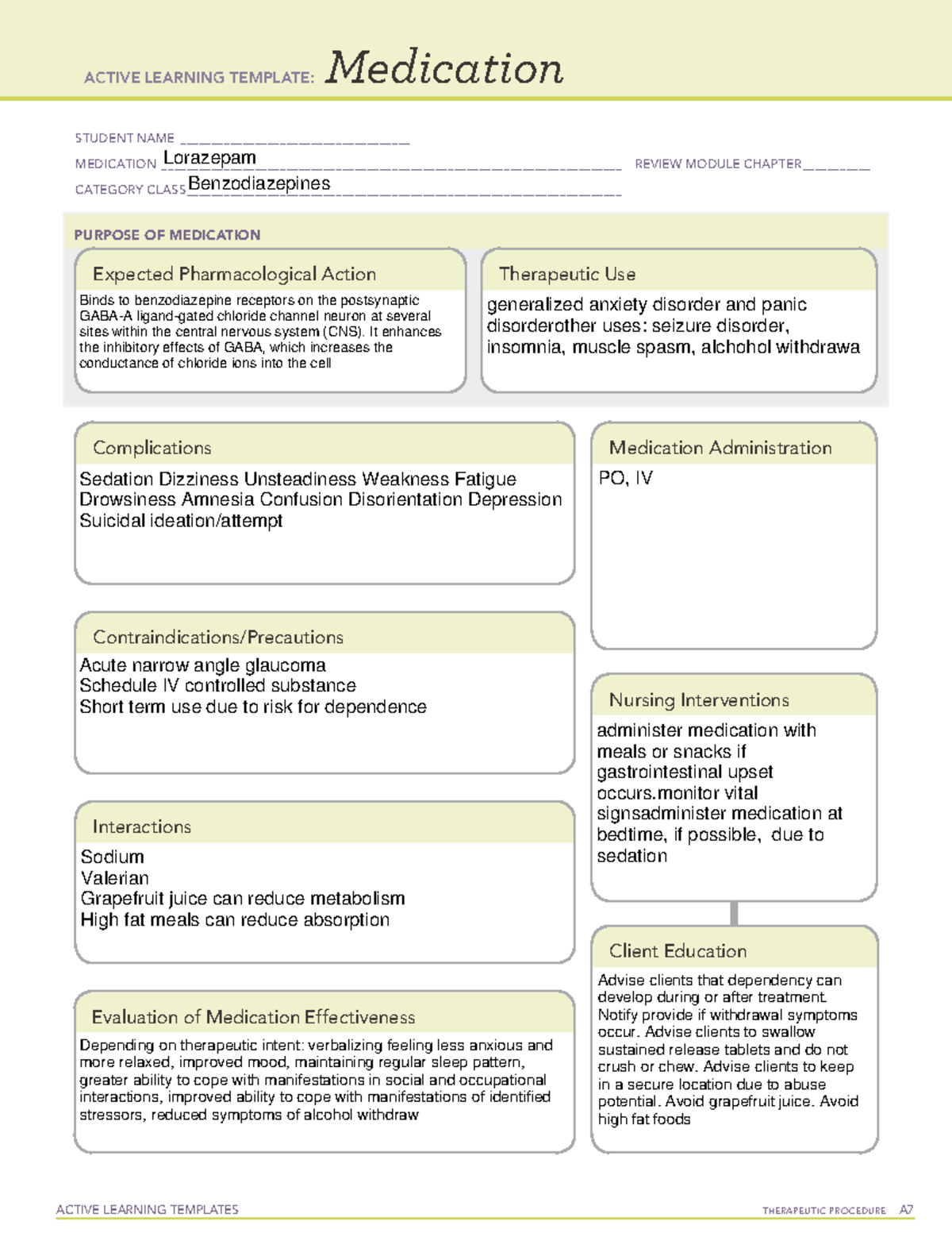 Lorazepam 2 - ACTIVE LEARNING TEMPLATES TherapeuTic procedure A ...