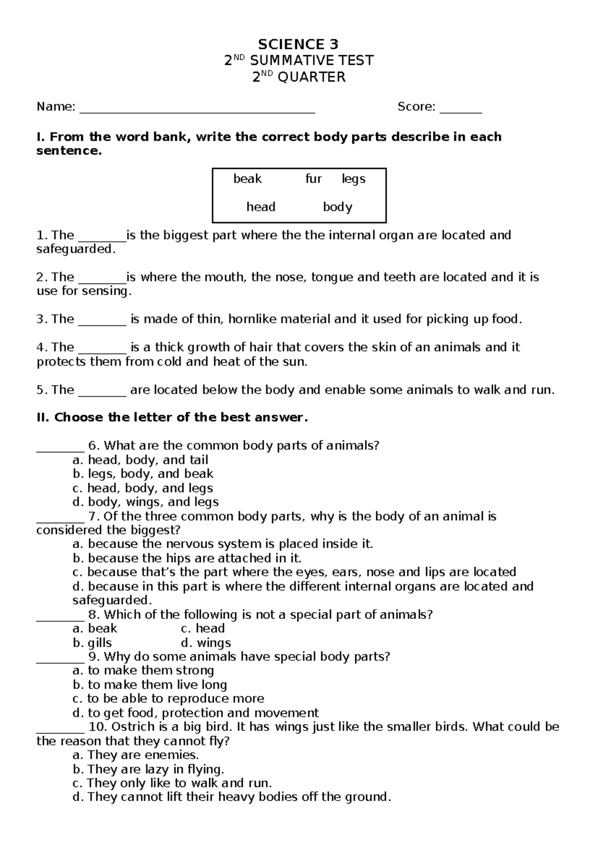 SCI3 ST2 Q2 - NONE - SCIENCE 3 2 ND SUMMATIVE TEST 2 ND QUARTER Name ...