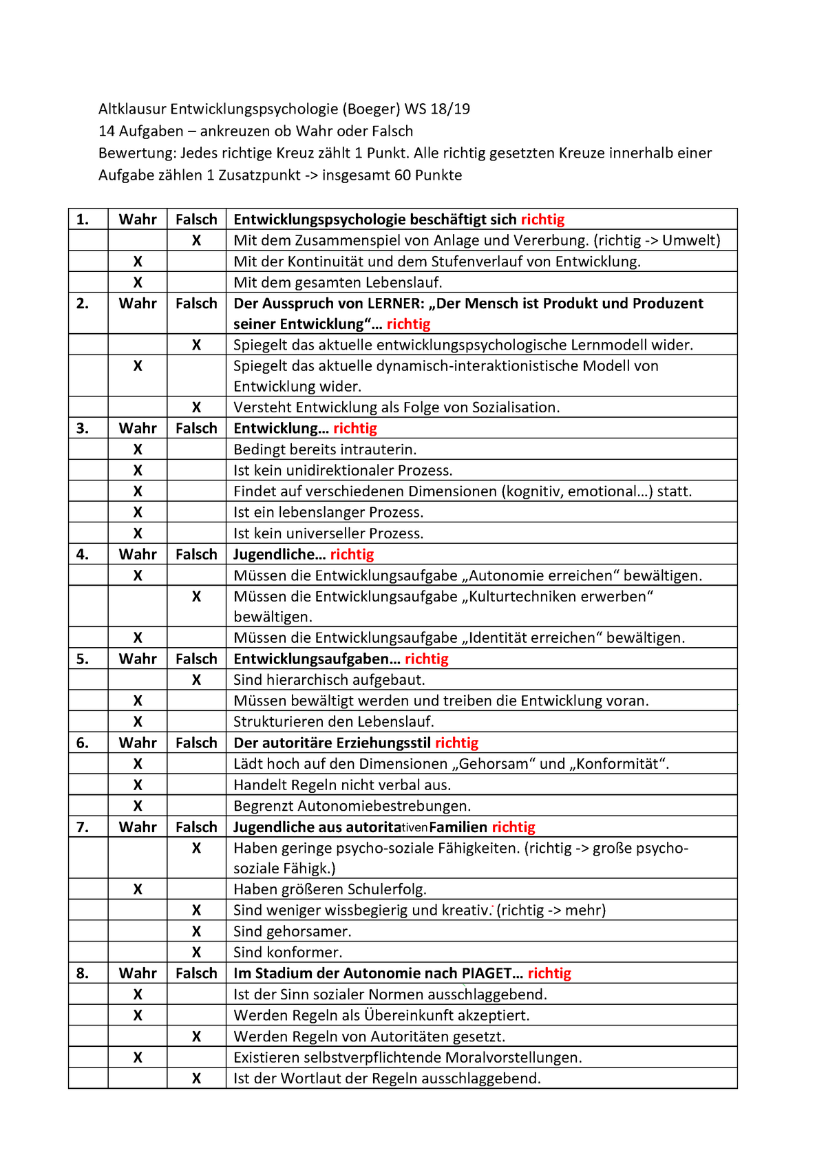 Altklausur Entwicklungspsychologie - Alle Richtig Gesetzten Kreuze ...