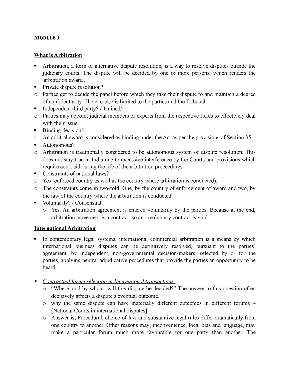 Arbitration Notes - MODULE I What Is Arbitration Arbitration, A Form Of ...