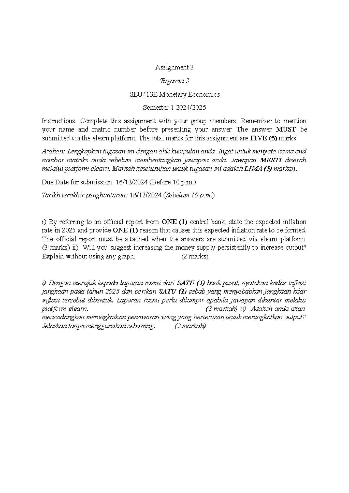 Seu413e Assignment 3 Sem 1 20242025 Inflation Assignment 3 Tugasan 3