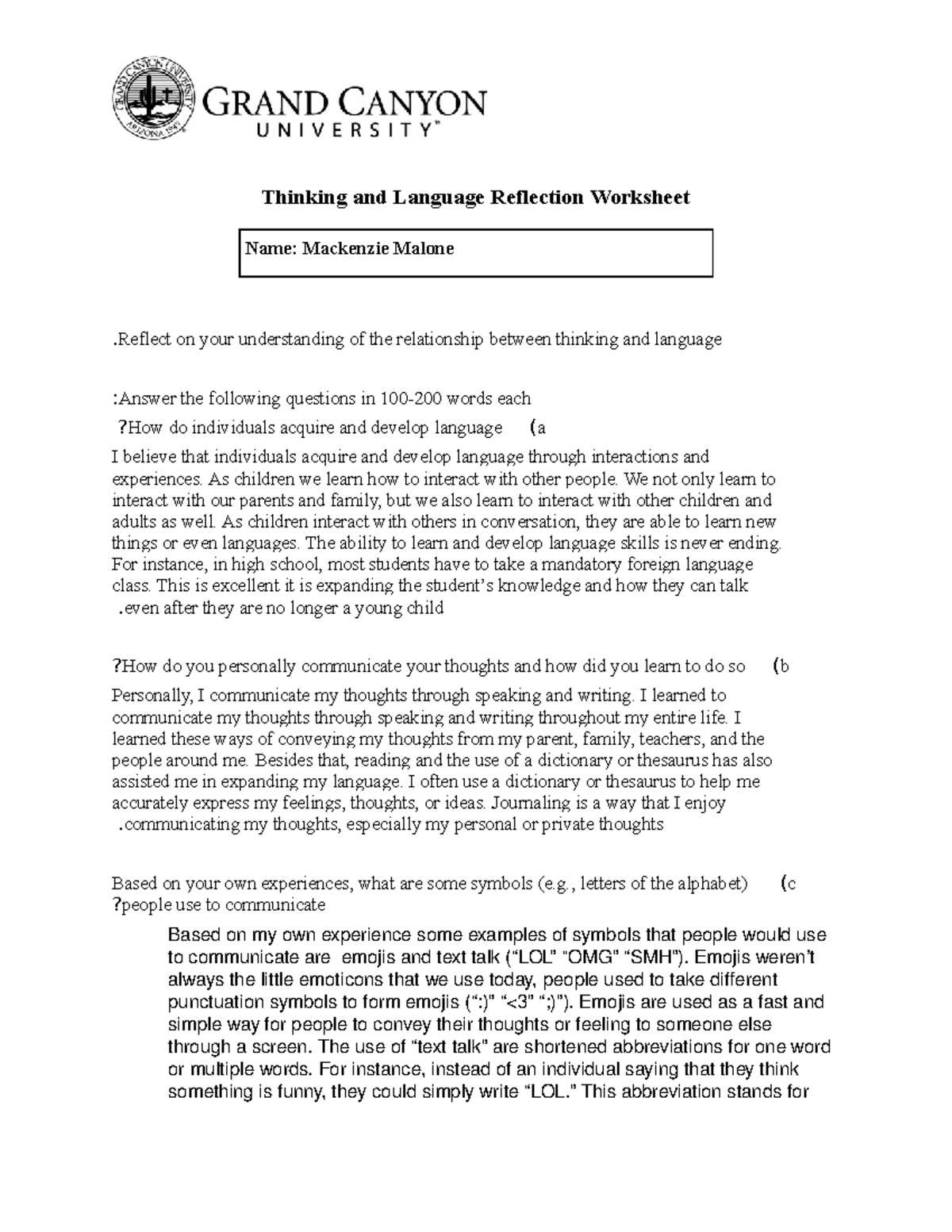Thinking and Language Reflection Worksheet - UNV-103 - GCU - Studocu