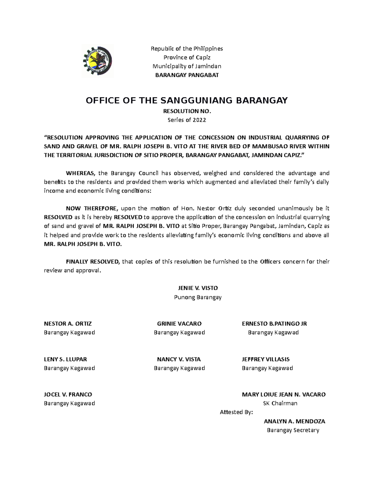 Resolution Draft for Acquiring a Quarry Permit Bachelor of Secondary