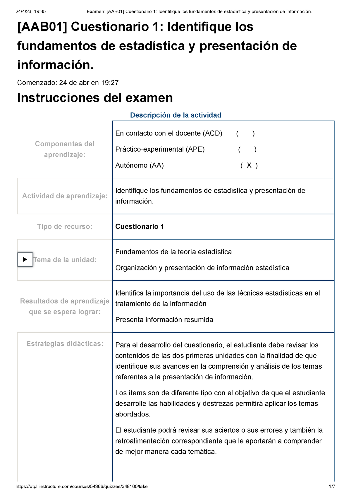 Cuestionario Estadistica - [AAB01] Cuestionario 1: Identifique Los ...