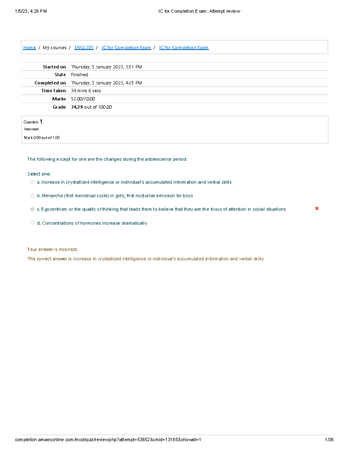 IC for Completion Exam Attempt review - Home / My courses / ENGL201 ...