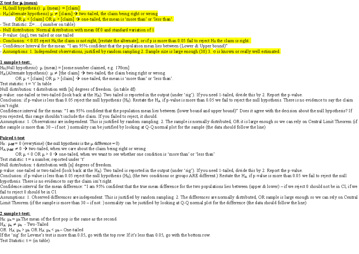 Stat1070 Cheat Sheet Summary Statistics For The Sciences Z Test For Ho Null Hypothesis