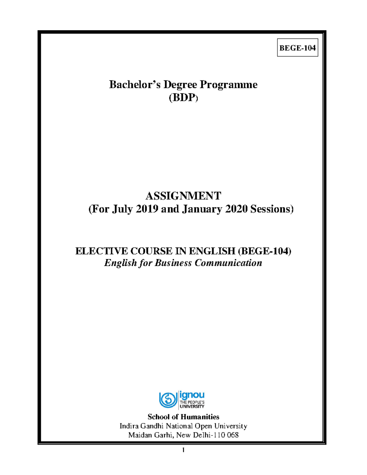 BEGE-104 2019-2020 assignment final - Bachelor’s Degree Programme (BDP ...