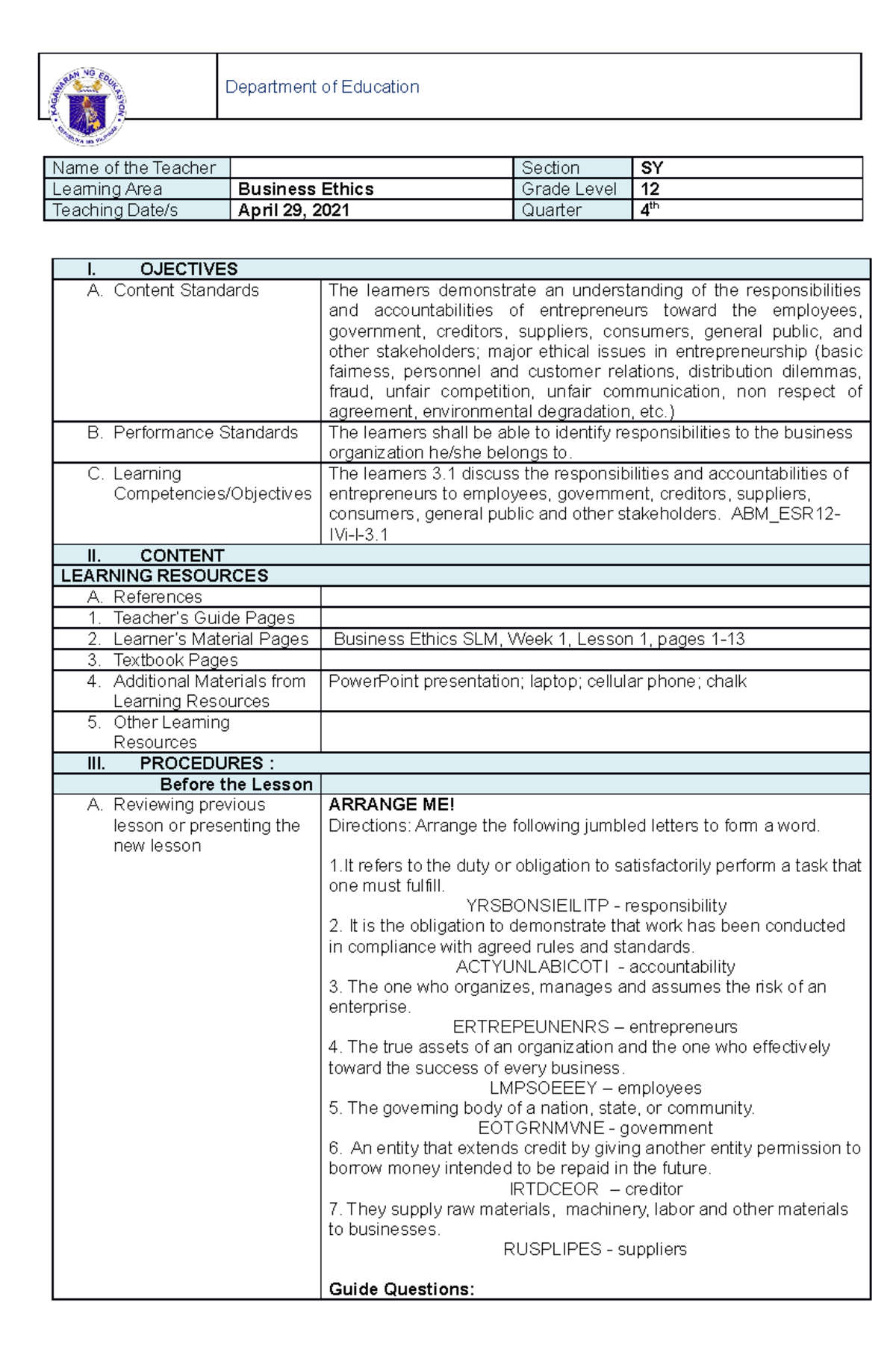 DLL-BE-Q4-WEEK1 - Daily Lesson Log, Accountancy, Business and ...