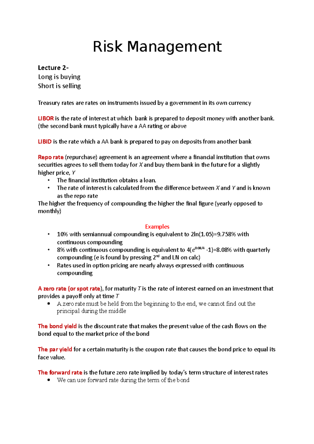 Risk Management lecture notes - Risk Management Lecture 2Long is buying ...