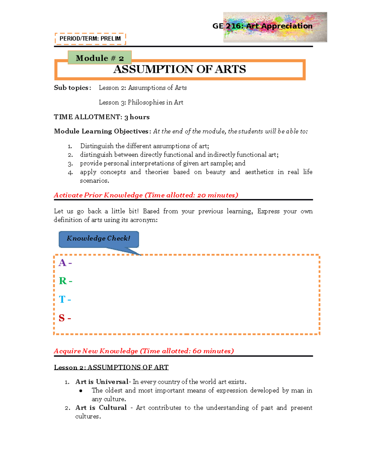2. Art App. Prelim Module 2 Week 2 Sub topics Lesson 2 Assumptions