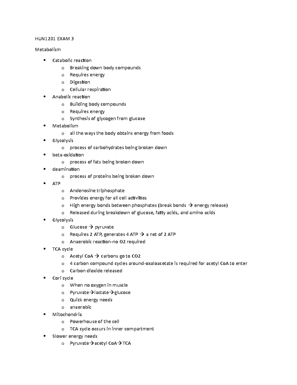 HUN1201EXAM3 - Exam 3 Study Guide - HUN1201 EXAM 3 Metabolism Catabolic ...