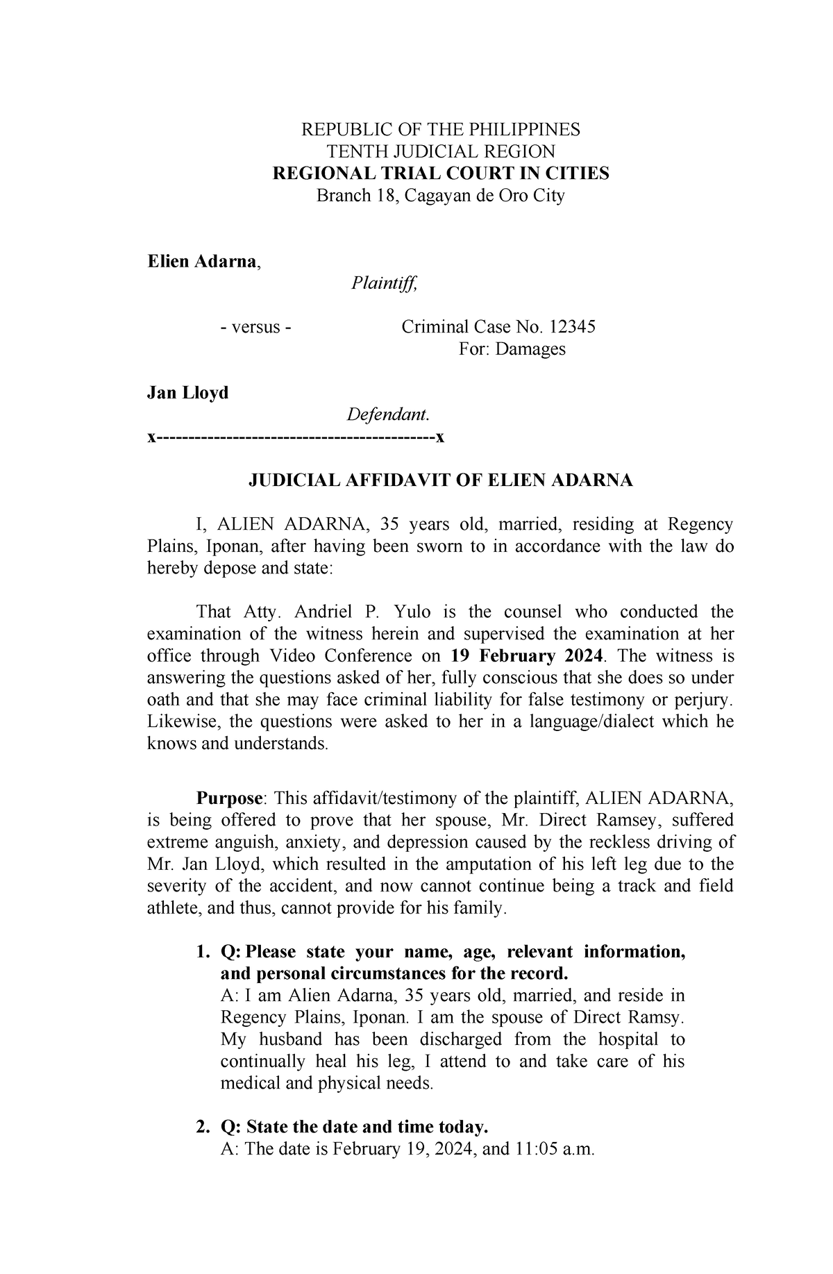 Judicial Affidavit of Complaint and Lawyer's Attestation Yulo ...