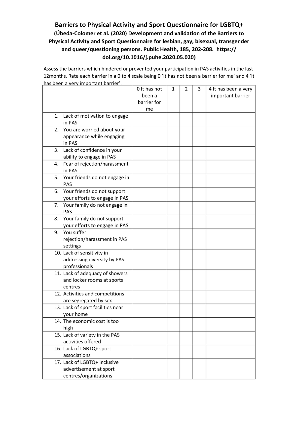 Questionnaire- Bpasq- Lgbtq+ - Barriers to Physical Activity and Sport ...