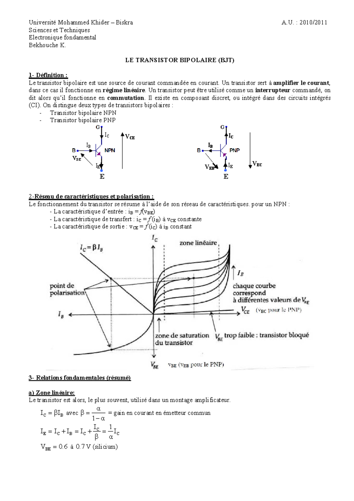 LE Transistor Bipolaire Université Mohammed Khider Biskra A. 2010/ Sciences et Techniques