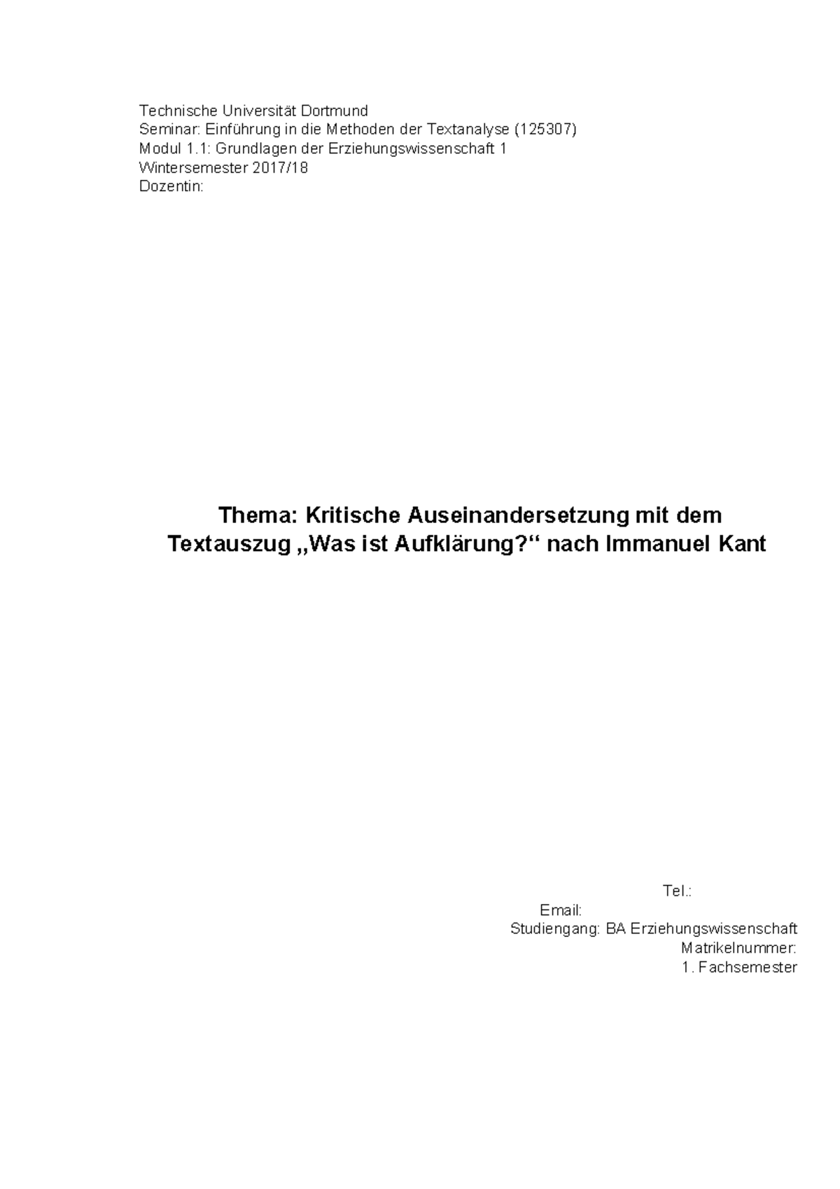 Analyse Aufklärung nach Kant - Technische Dortmund Seminar: in die ...