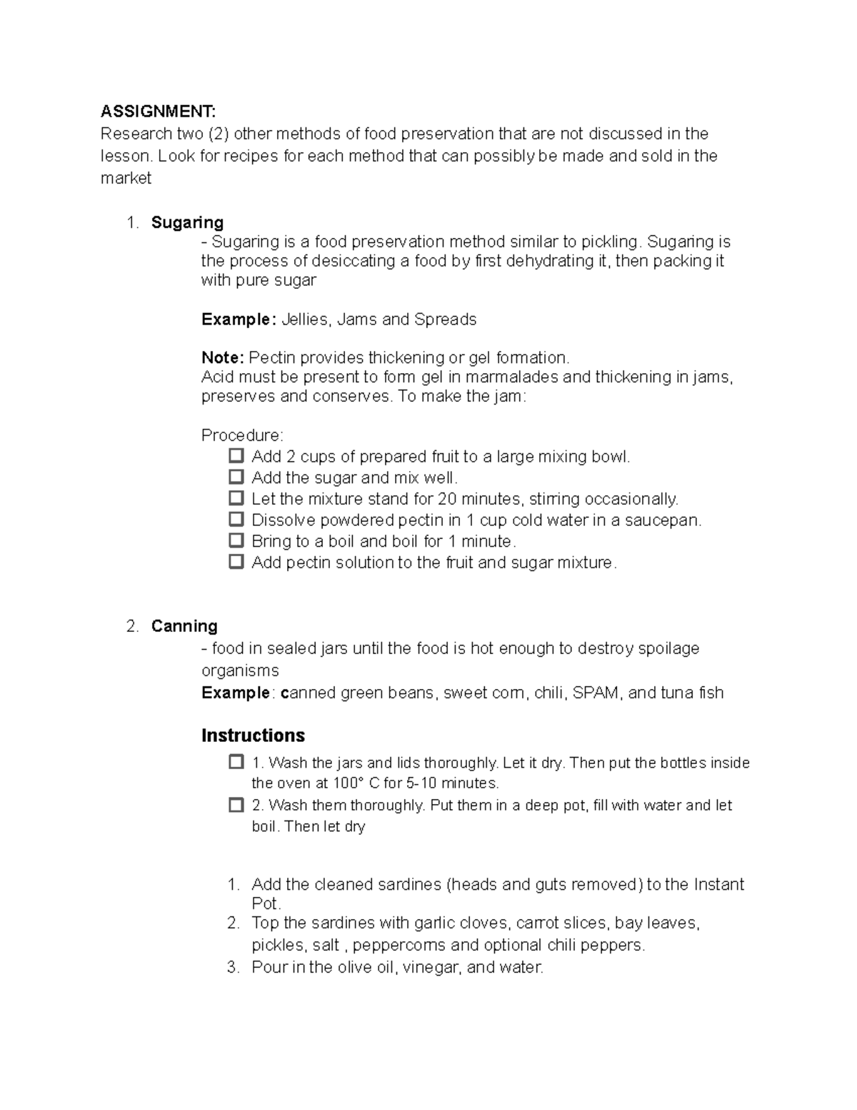 Assignment methods of food preservation-1 - ASSIGNMENT: Research two (2 ...