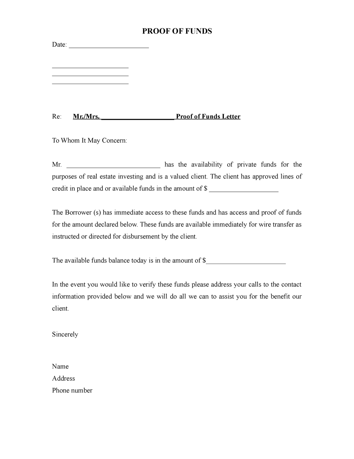 practice: Proof of funds letter template 23 - PROOF OF FUNDS Date Throughout Proof Of Funds Letter Template