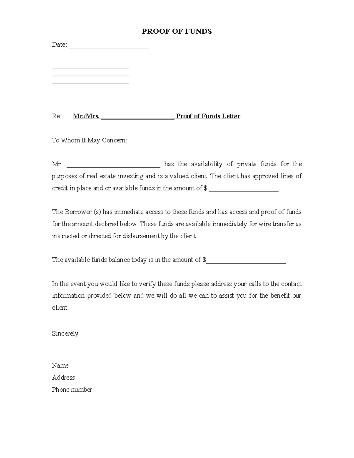 practice: Proof of funds letter template 23 - PROOF OF FUNDS Date Throughout Proof Of Funds Letter Template