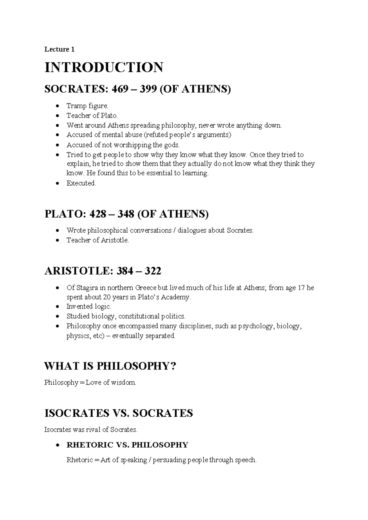 Lecture Notes PHI2041S - Lecture 1 INTRODUCTION SOCRATES: 469 – 399 (OF ...