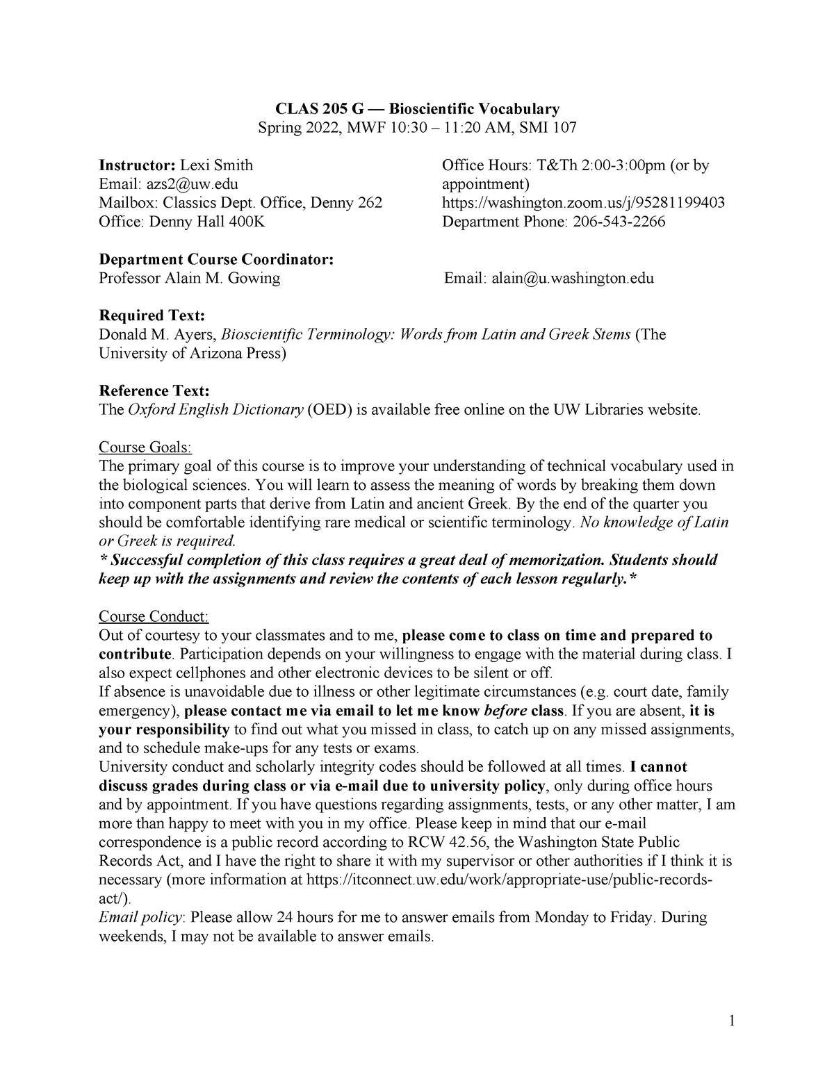 CLAS 205 Syllabus - CLAS 205 G — Bioscientific Vocabulary Spring 2022 ...