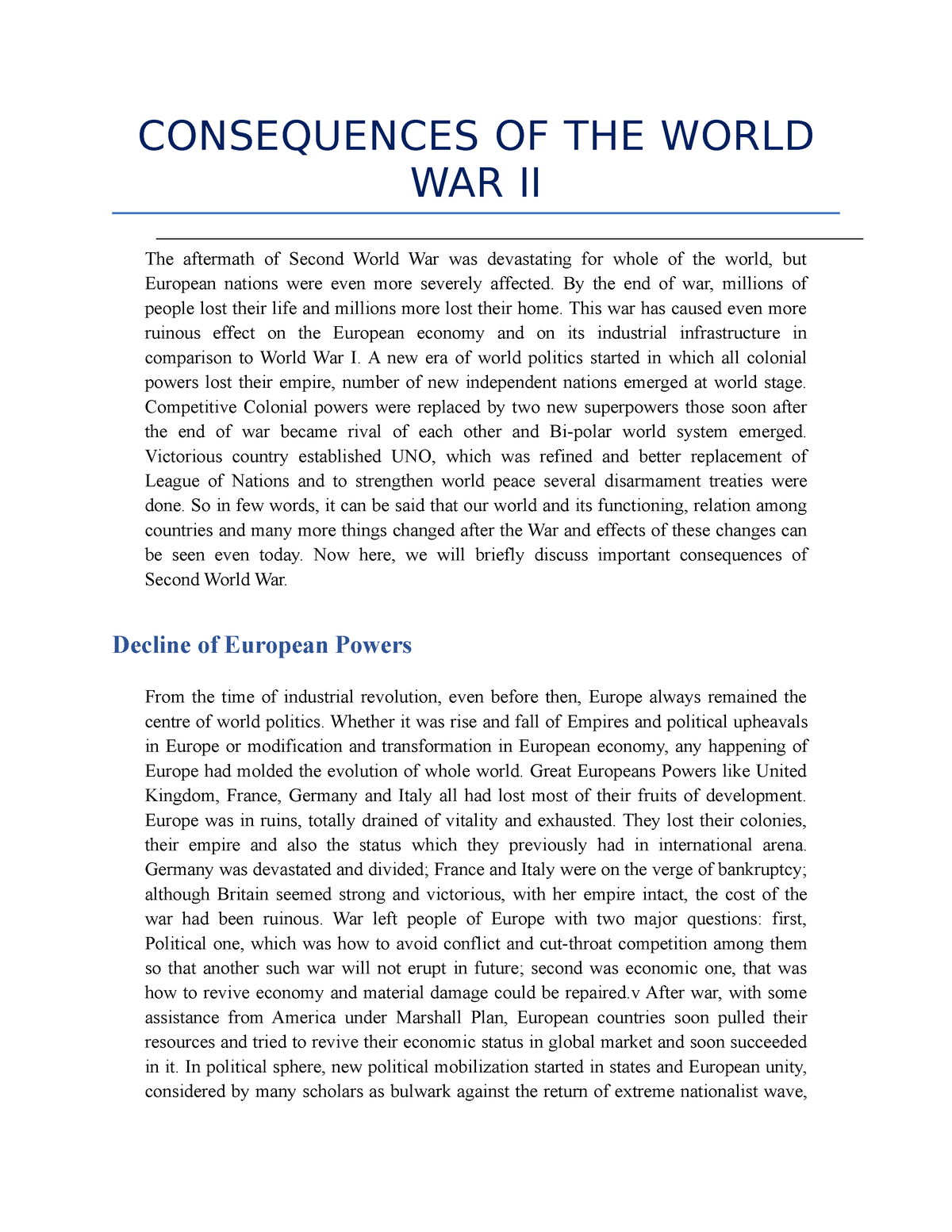 consequences of world war 2 essay