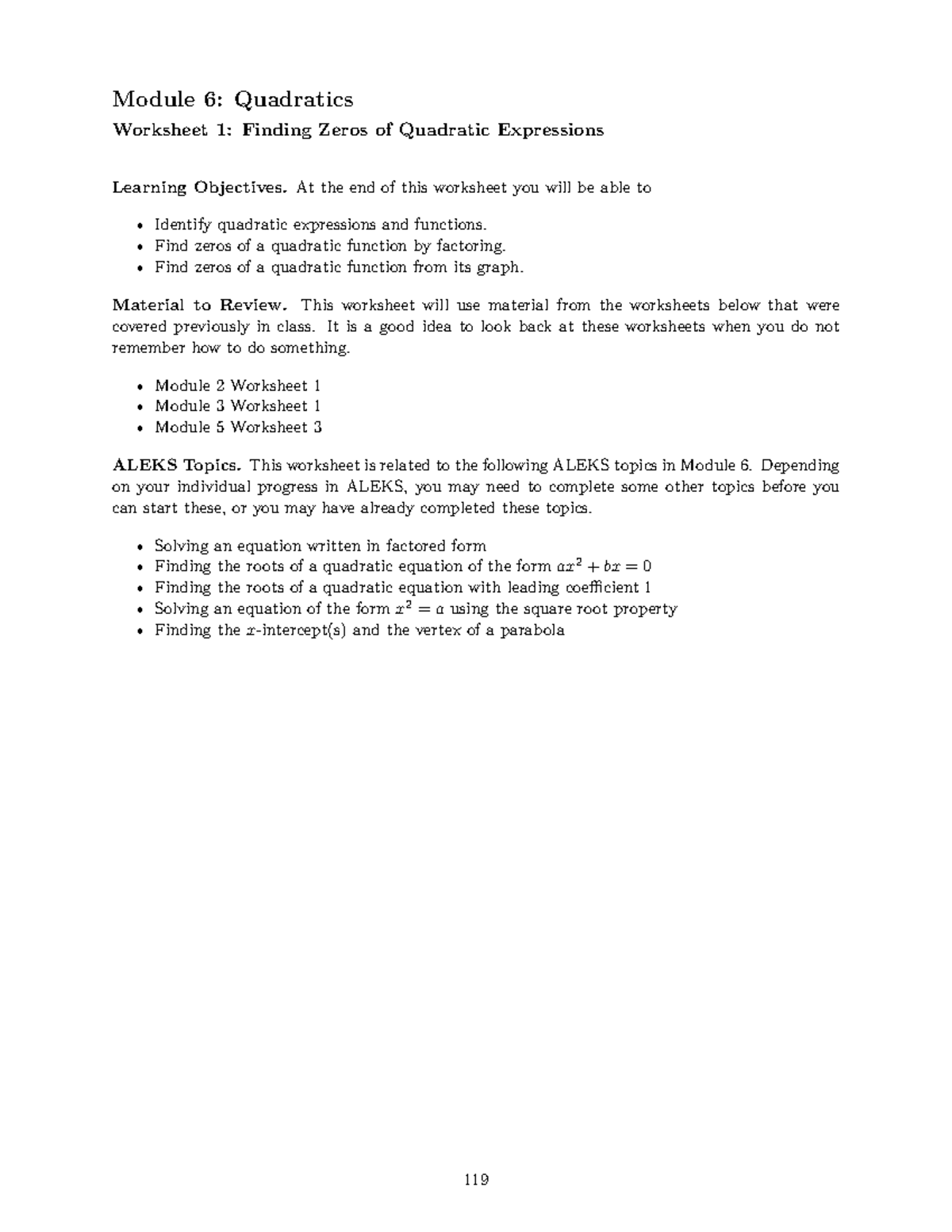 M1005 Workbook Module 6 Quadratics Worksheet 1 Finding Zeros of