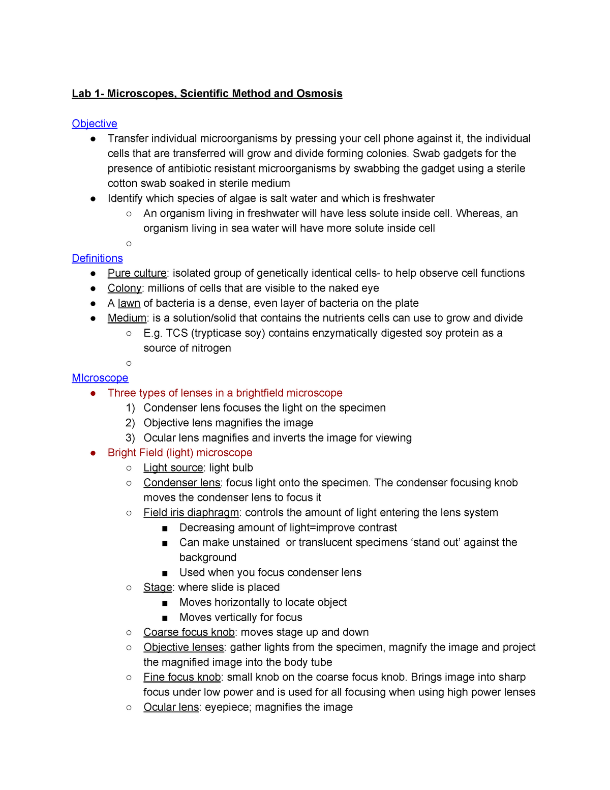 Bio 107 Lab Exam.pdf - Lab 1- Microscopes, Scientific Method and 