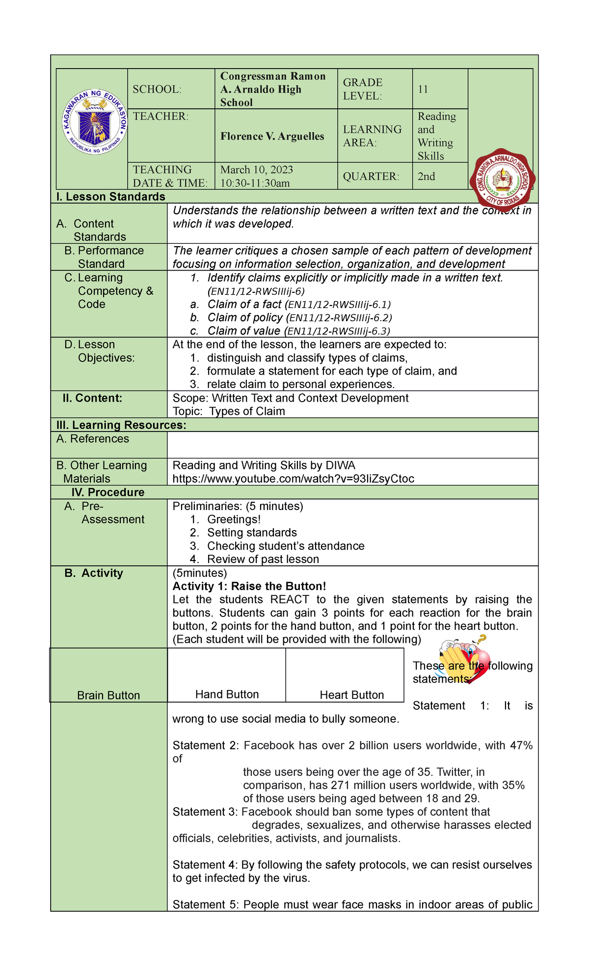 Arguelles F-DLL - DAILY LESSON PLAN - SCHOOL: Congressman Ramon A ...