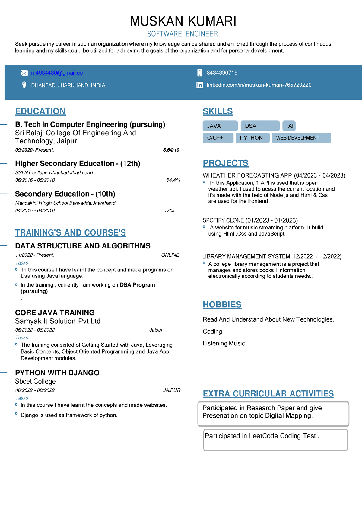 Resume(final) - Java Dsa Ai C C++ Python Web Develpment Muskan Kumari 