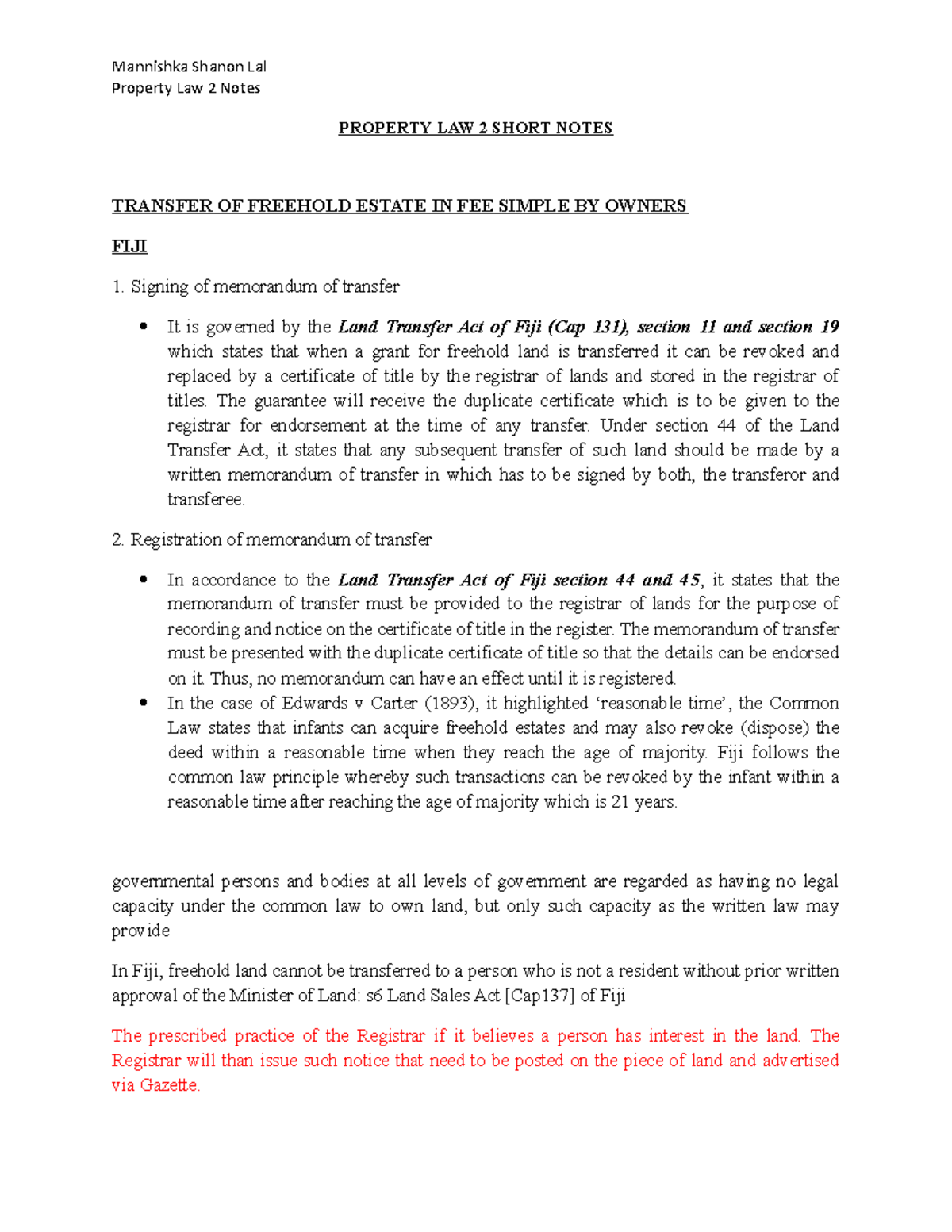 Mannishka Lal Property LAW Short Notes Property Law 2 Notes PROPERTY