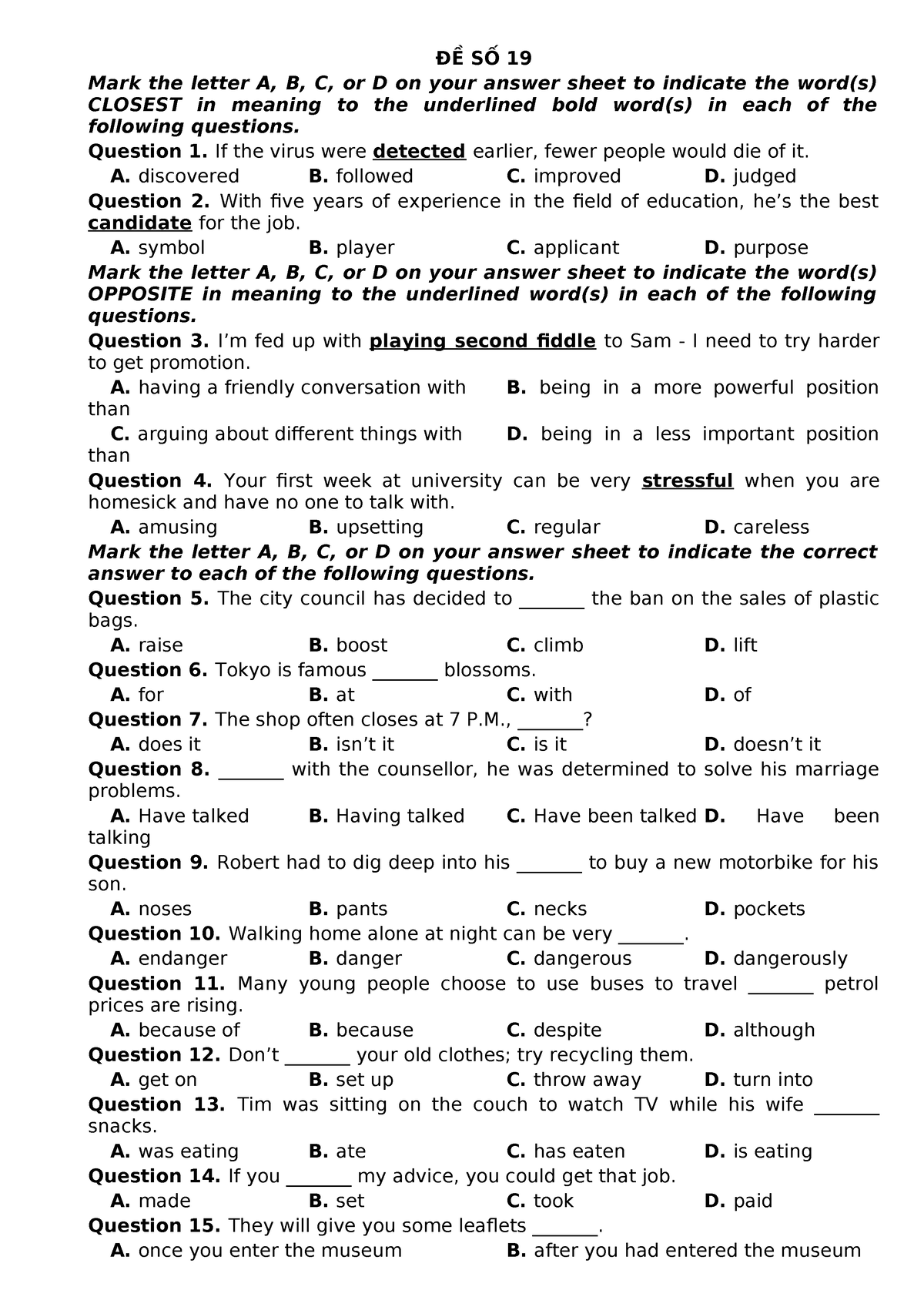 ĐỀ 19-20-21 - No Description - ĐỀ SỐ 19 Mark The Letter A, B, C, Or D ...