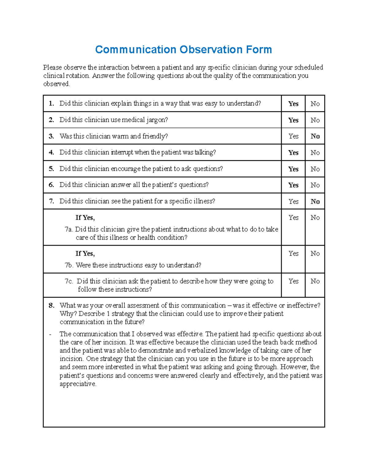 Communication Observation Form - Communication Observation Form Please ...
