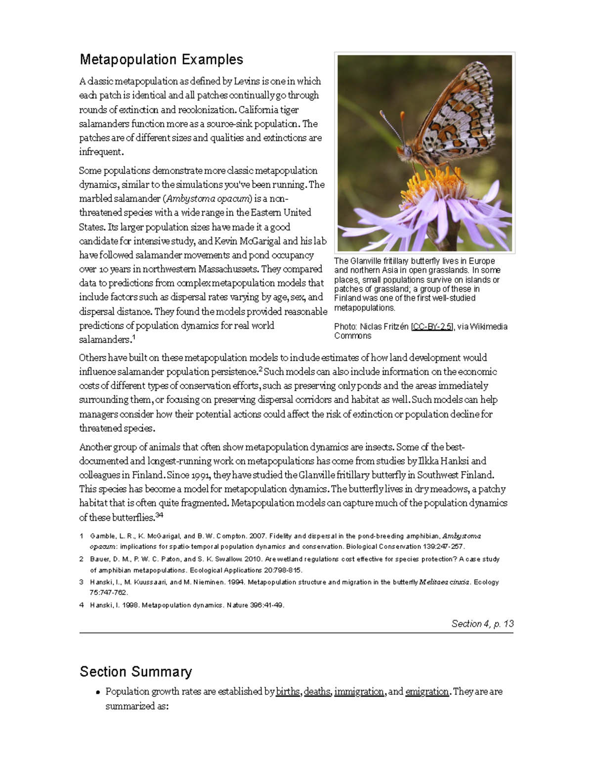 Population Growth Section 4 Summary 1 2 3 4 The Glanville fritillary