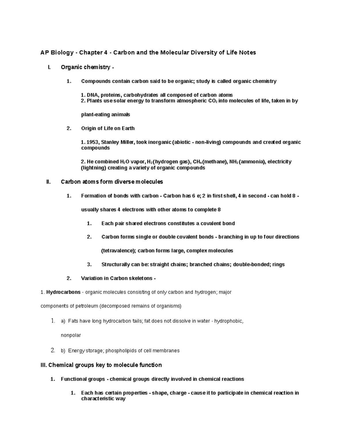 AP Biology notes AP Biology Chapter 4 Carbon and the Molecular