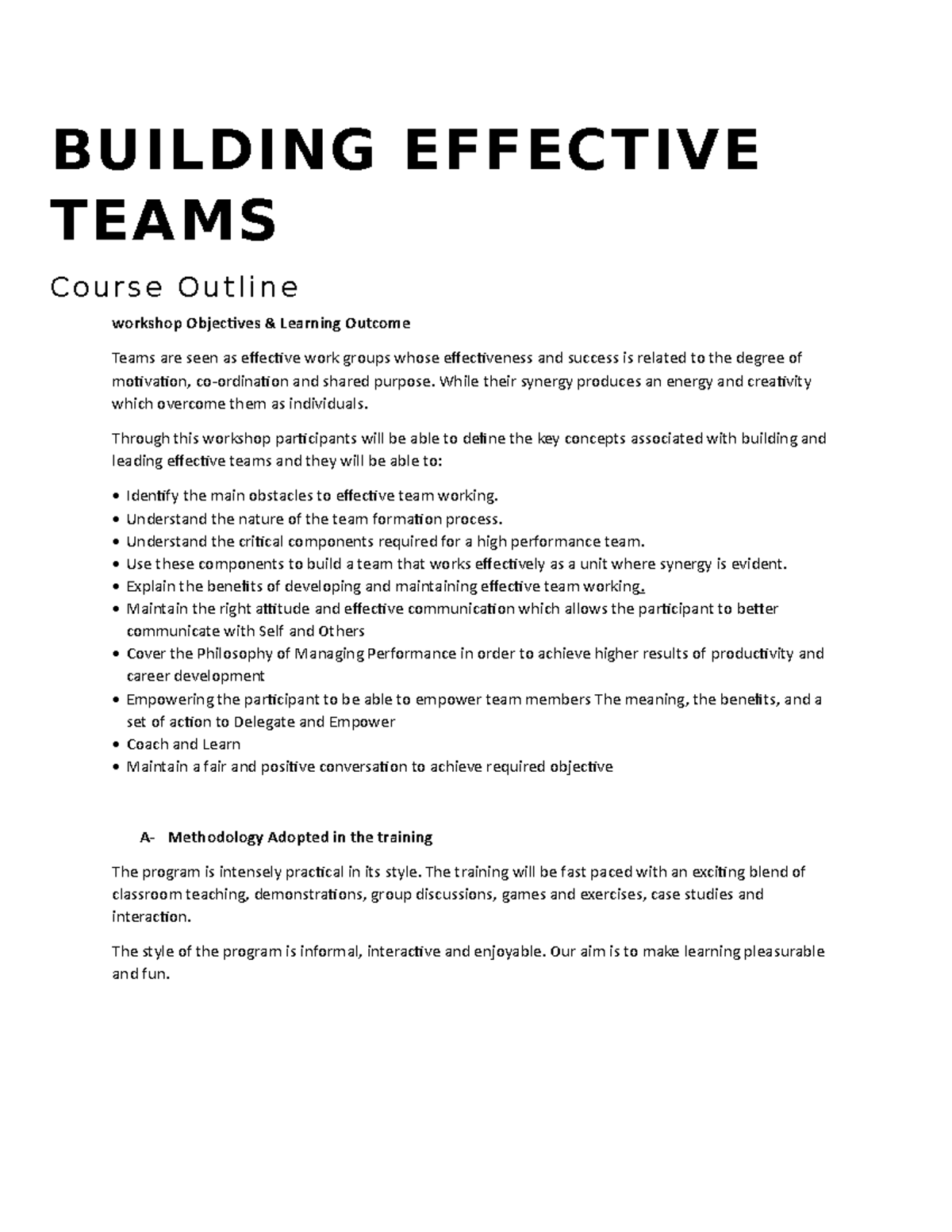 Building Effective Teams 2 days workshop outline - workshop Objectives ...