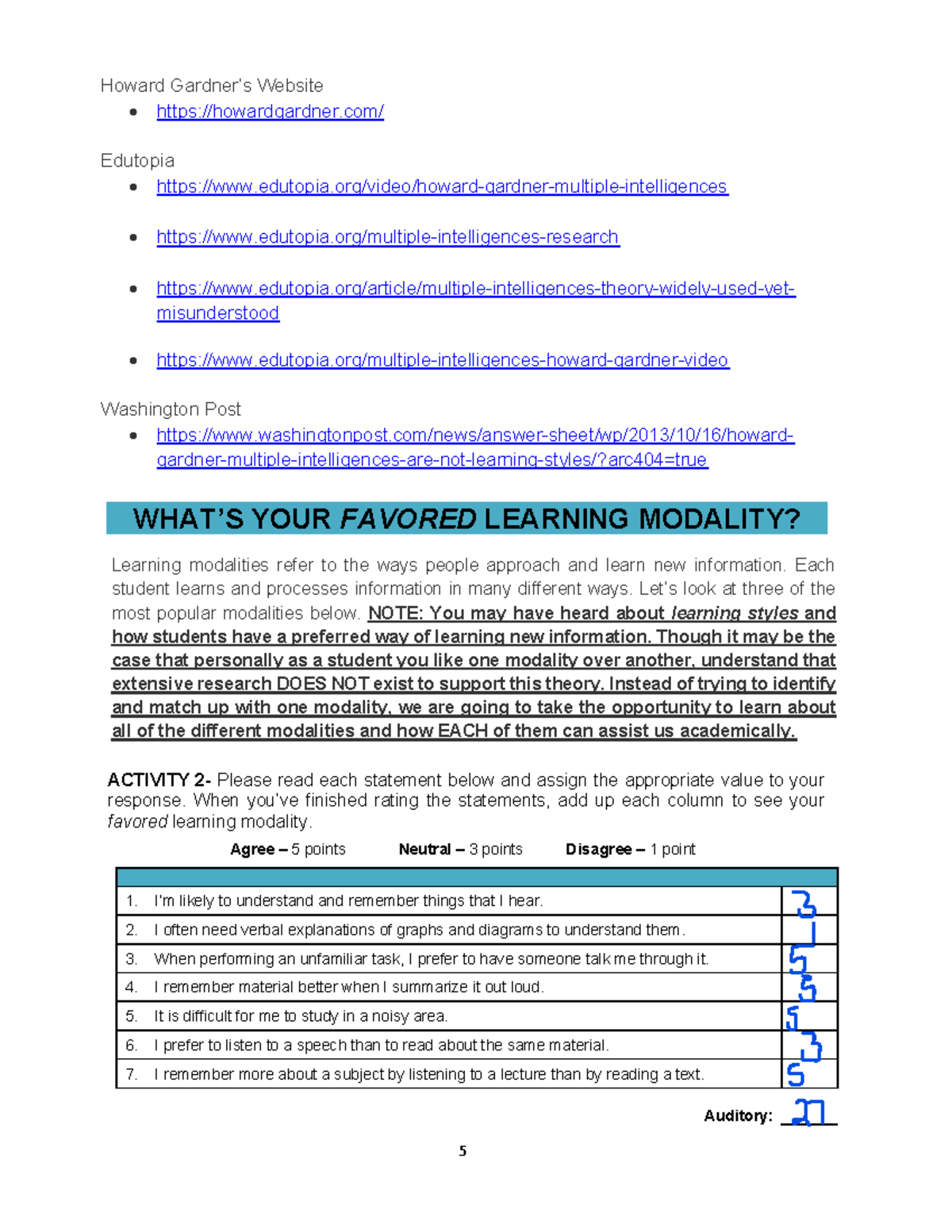 Whats Your Favored Learning Modality - 5 Howard Gardner’s Website ...