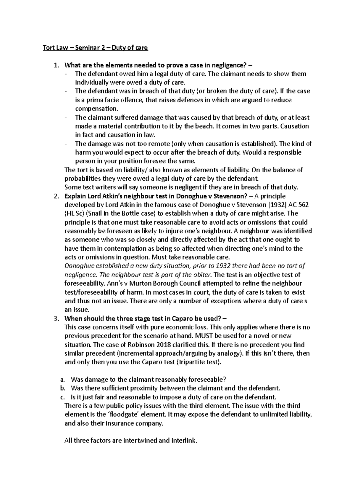Tort Law -Seminar 2 - Duty of Care - Tort Law – Seminar 2 – Duty of ...