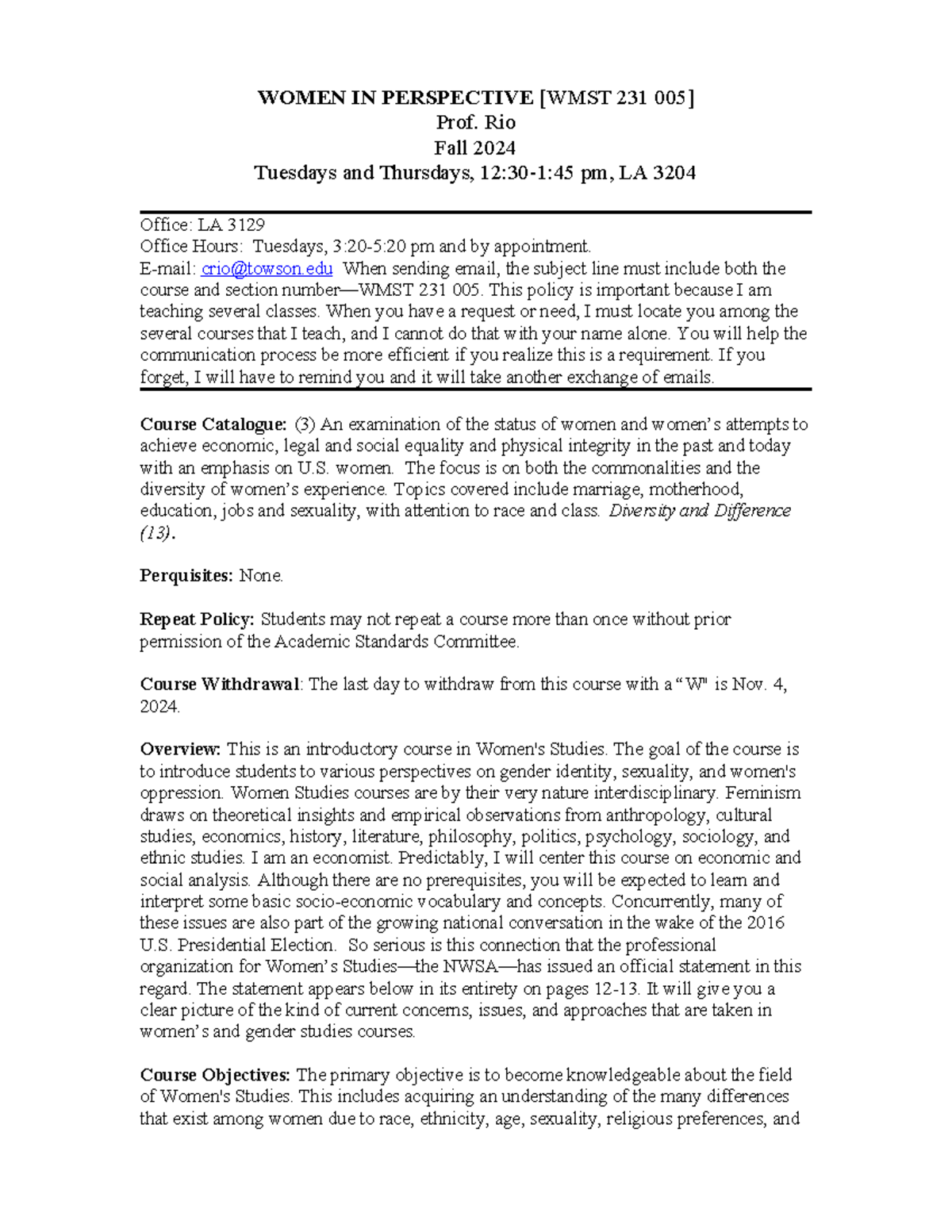 WMST231005 Master Syllabus FA 24 - WOMEN IN PERSPECTIVE [WMST 231 005 ...