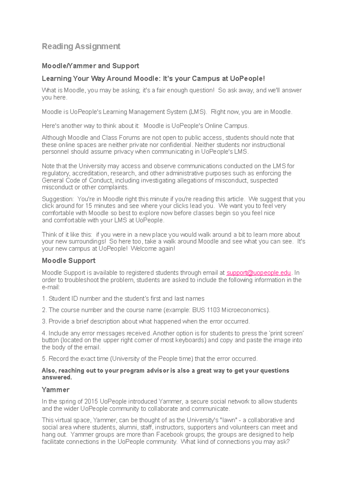 Univ 0001 Unit1 - Moodle Yammer Support - Reading Assignment Moodle ...