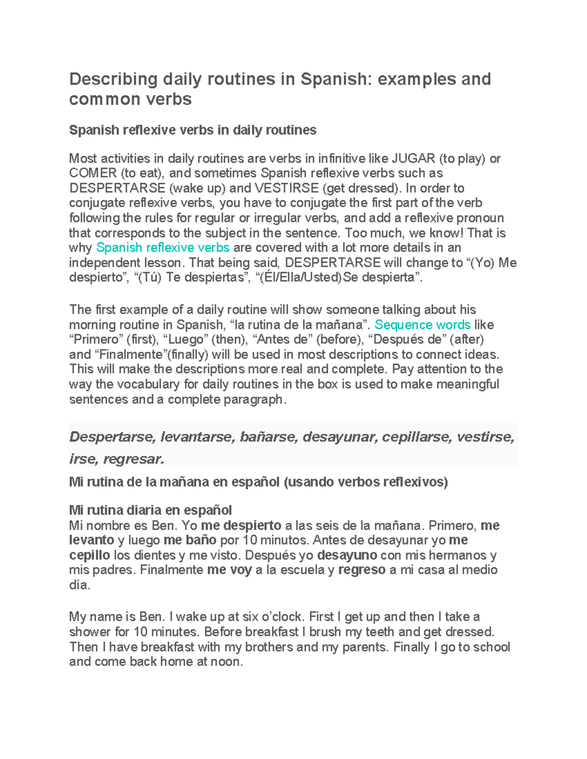 Describing daily routines in Spanish - In order to conjugate reflexive ...