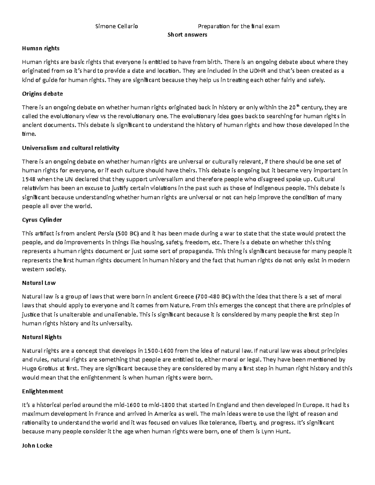 HIS475 preparation for final exam - Short answers Human rights Human ...