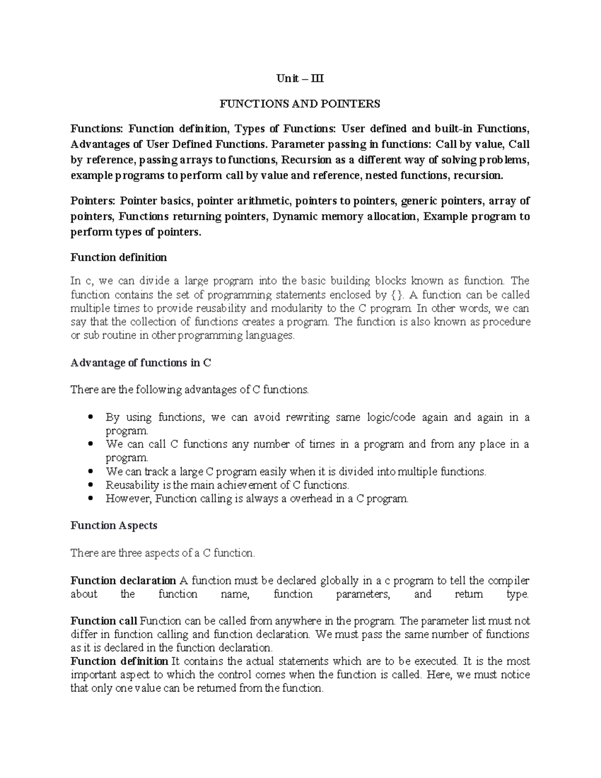 programming in c notes - Unit – III FUNCTIONS AND POINTERS Functions ...