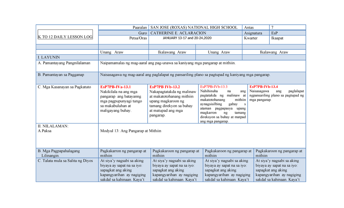 DLL Edukasyon sa Pagpapakatao Grade 7 Quarter 4 Module 13 (Palawan ...