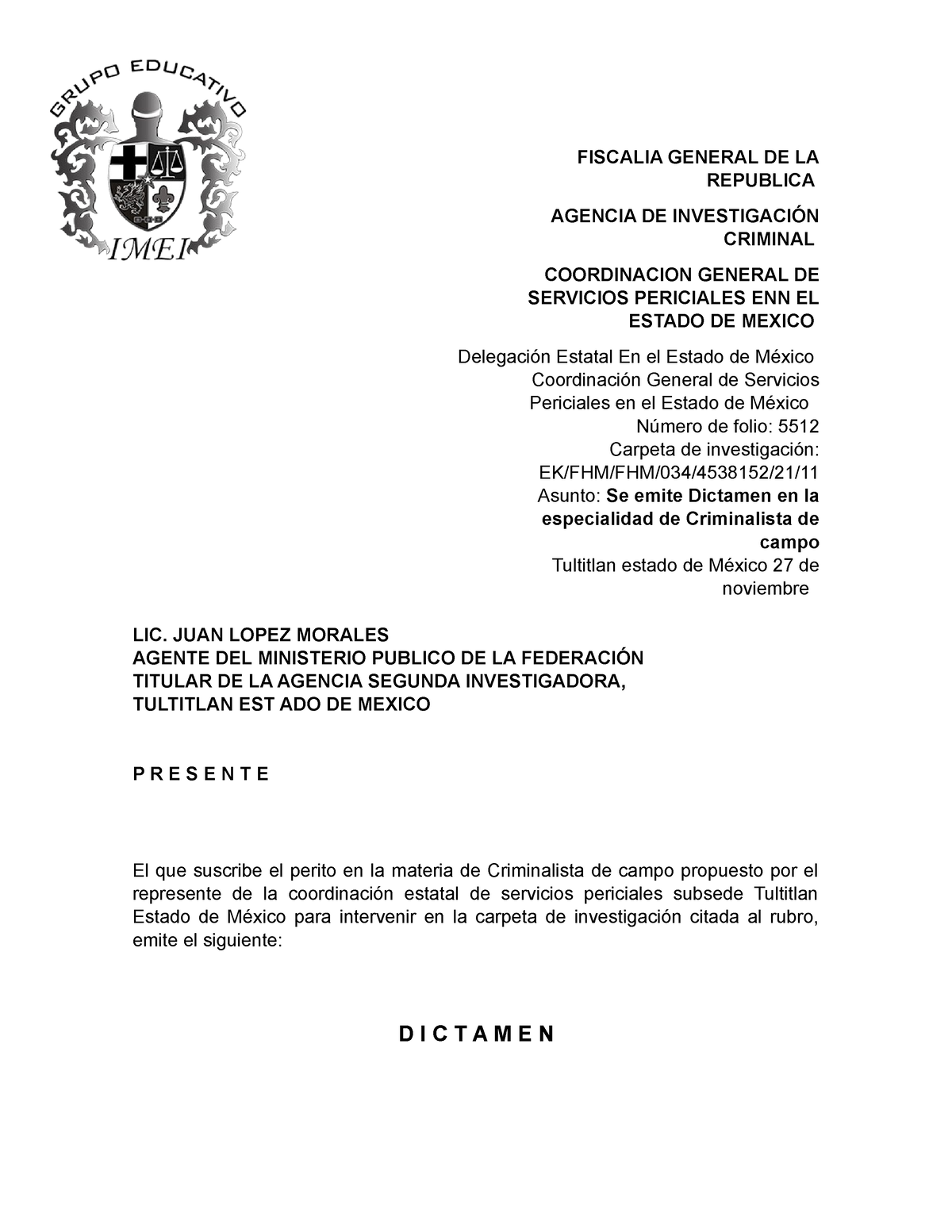 Dictamen 20 Campo 20 20oscar Elaborar Un Dictamen Pericial En